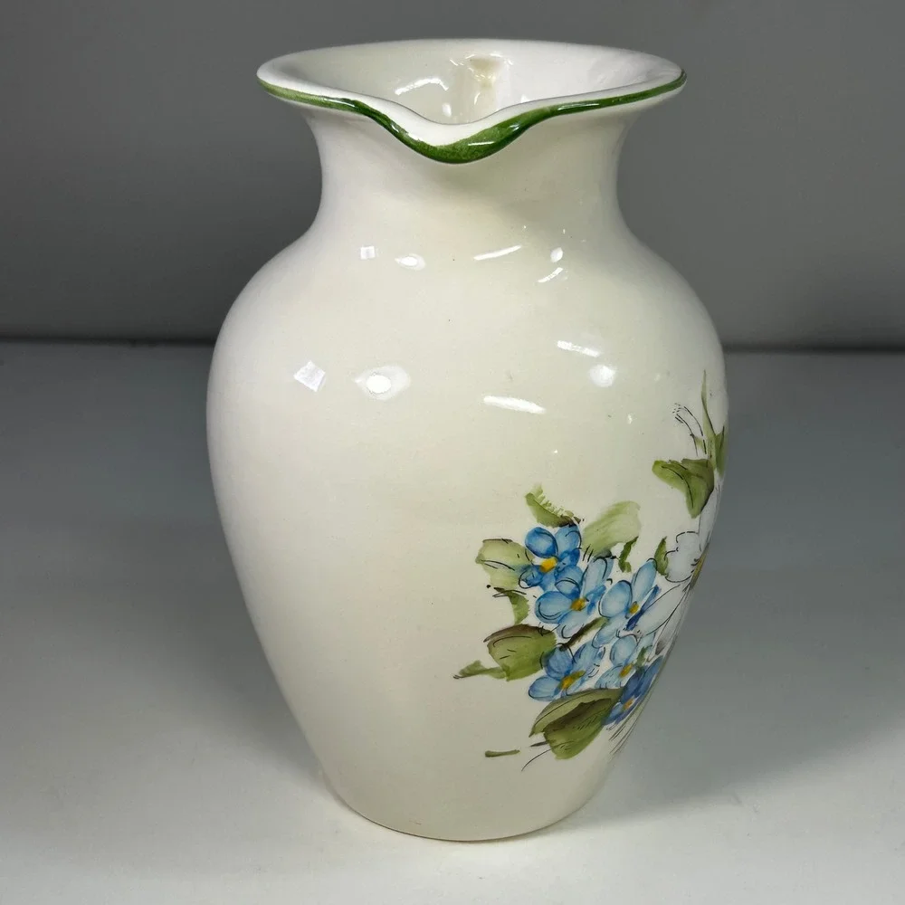 Vintage 1980 FTDA Weiss Hand Painted Floral Ceramic Pitcher Made in Brazil